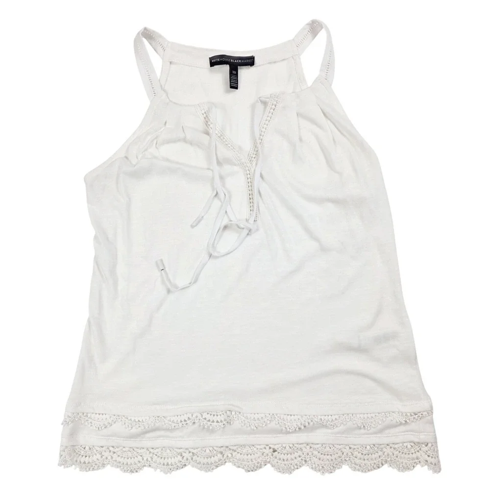 White House Black Market White Eyelet Trim V Neck Tank Top Women's Size XS - Picture 1 of 5